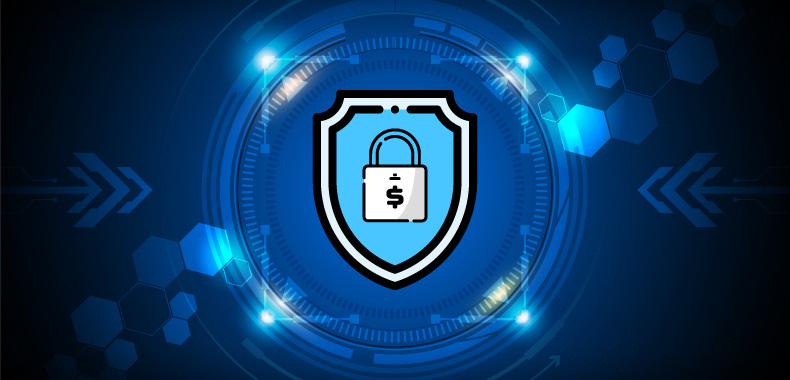 An abstract cybersecurity background with a shield and lock icon in the center.