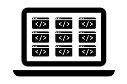 A graphic of a laptop computer with several pieces of code being processed.