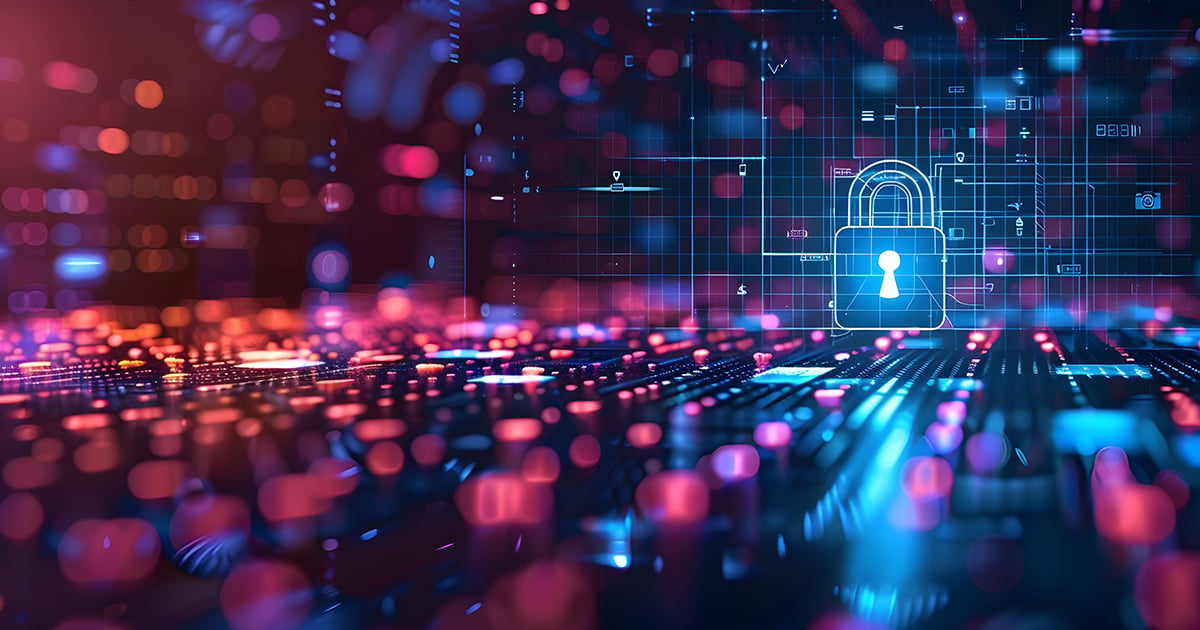 A lock icon floating above an abstract cybersecurity background.