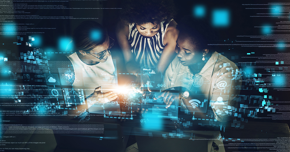 A trio of women looking at information on a device with cybersecurity and technology graphics floating around them.