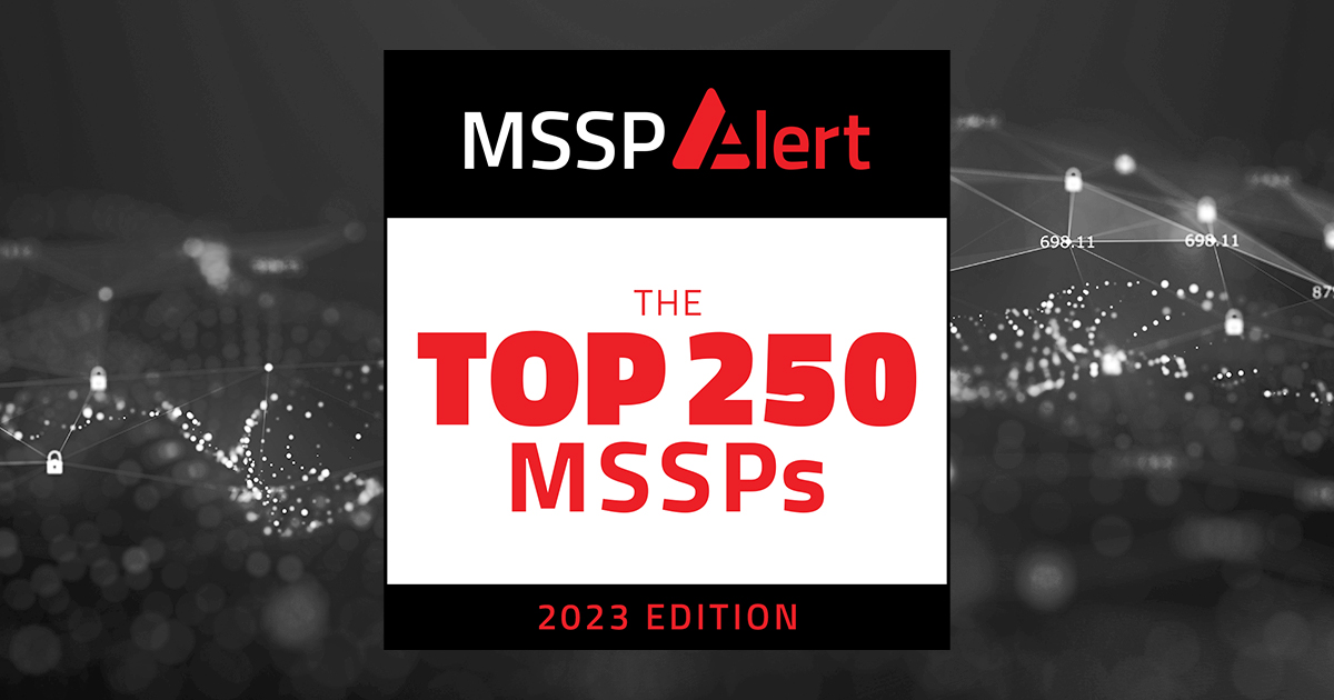 The MSSP Alert 2023 Top 250 MSSPs logo over an abstract black and white background.