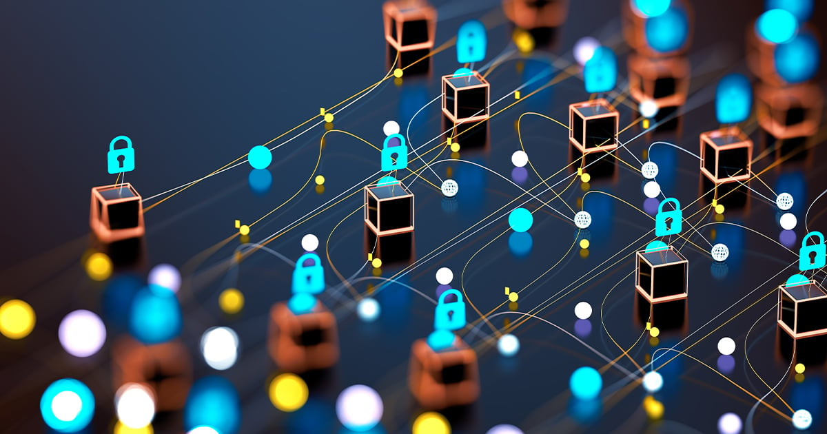 An abstract illustration of endpoints on a network with lock icons over each endpoint. 