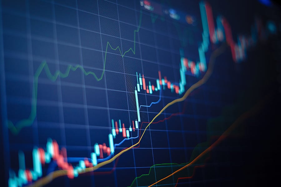 Closeup financial chart with uptrend line