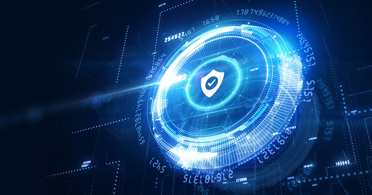 3D illustration of cyber security data protection with a shield in the center of a circle with a checkmark