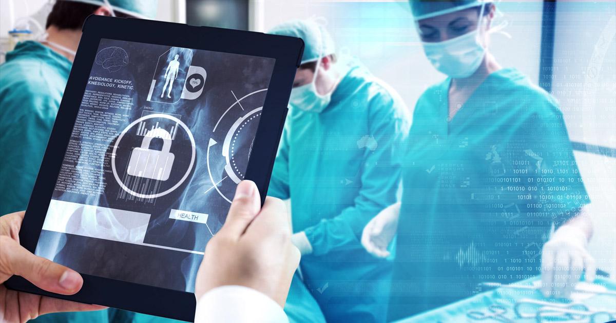 Man using tablet pc against medical interface on xray with lock on the screen to signify security