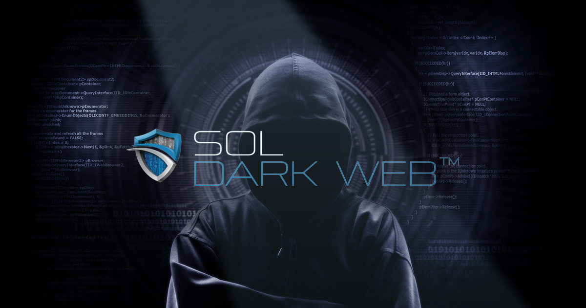 Sol Dark Web logo in front of hacker working on a code on dark digital background with digital interface around