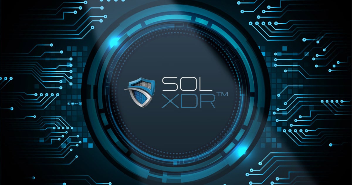 abstract cyber security concept with circuitry around a circle containing the SOL XDR logo