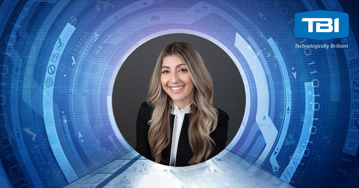 Headshot of Rosana Filingeri in a circle with a blue techy background behind her and the TBI logo in the top right corner.