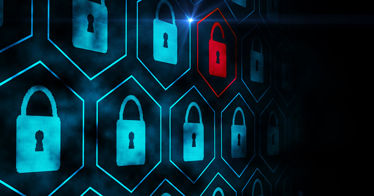 digital rendering of blue locked locks with one unlocked red lock in their midst